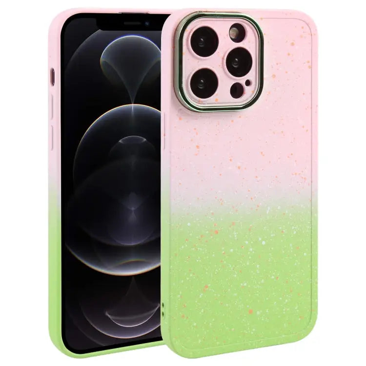 Gradient Starry Silicone Phone Case with Lens Film - For iPhone 12 Pro / Pink Green