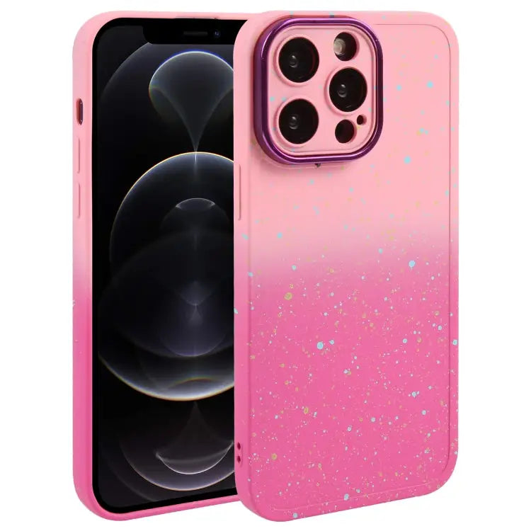 Gradient Starry Silicone Phone Case with Lens Film - For iPhone 12 Pro / Pink Red