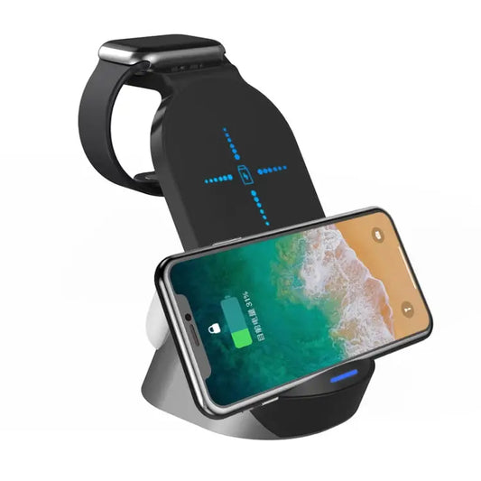 H18 3 in 1 Quick Wireless Charger for iPhone Apple Watch AirPods and other Android Smart Phones - Black