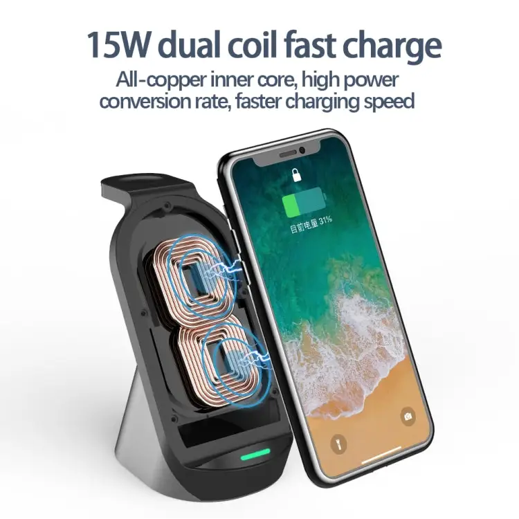 H18 3 in 1 Quick Wireless Charger for iPhone Apple Watch AirPods and other Android Smart Phones - Black