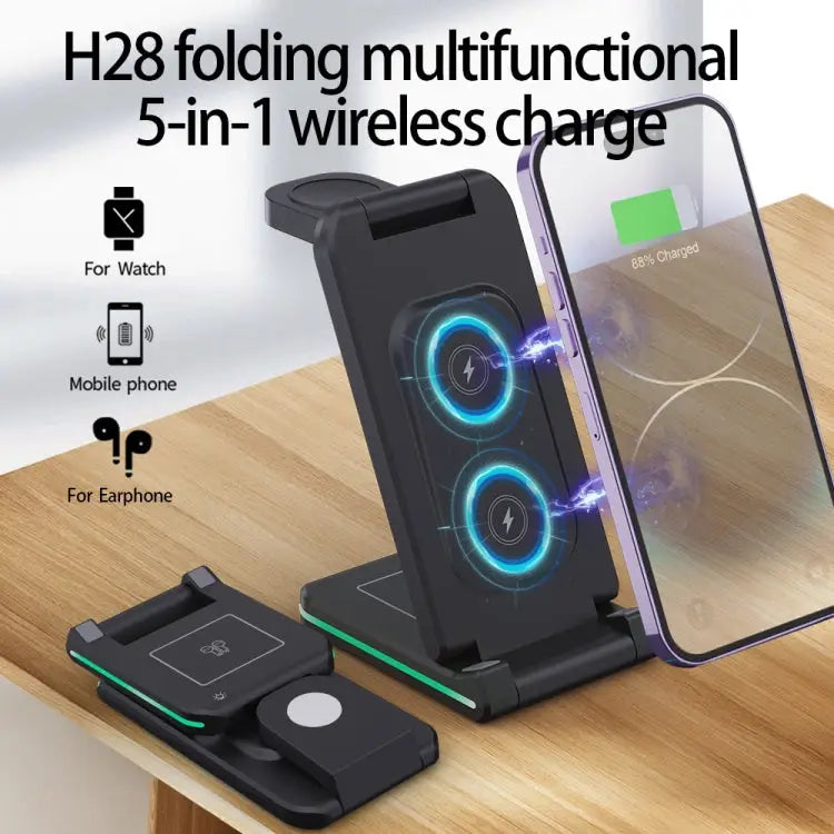 H28 15W 5 in 1 Folding Multifunctional Wireless Charger H28 - H28 / Black - Apple Accessories