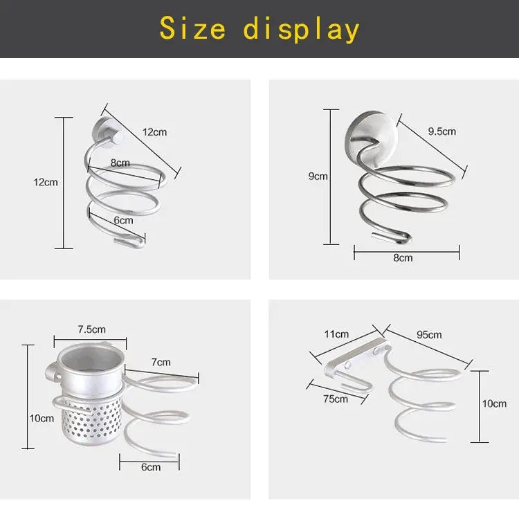 Hair Dryer Holder Wall Mount Hanging Rack Organizer Hook Spiral Bathroom Bracket With Mesh Holder - With Mesh Holder