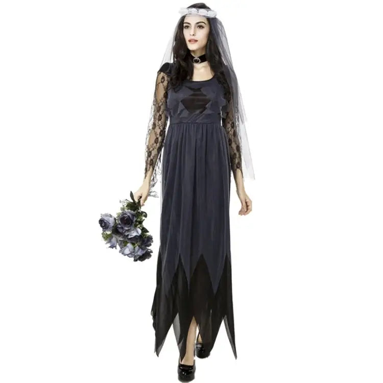 Halloween Costume Women Lace Chiffon Black Dress Ghost Bride Clothes Cosplay Game Uniforms Size: M Bust: 76cm