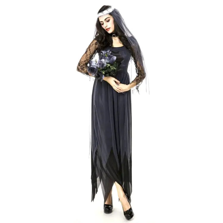 Halloween Costume Women Lace Chiffon Black Dress Ghost Bride Clothes Cosplay Game Uniforms Size: M Bust: 76cm