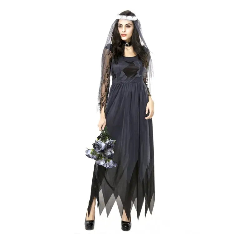 Halloween Costume Women Lace Chiffon Black Dress Ghost Bride Clothes Cosplay Game Uniforms Size: M Bust: 76cm