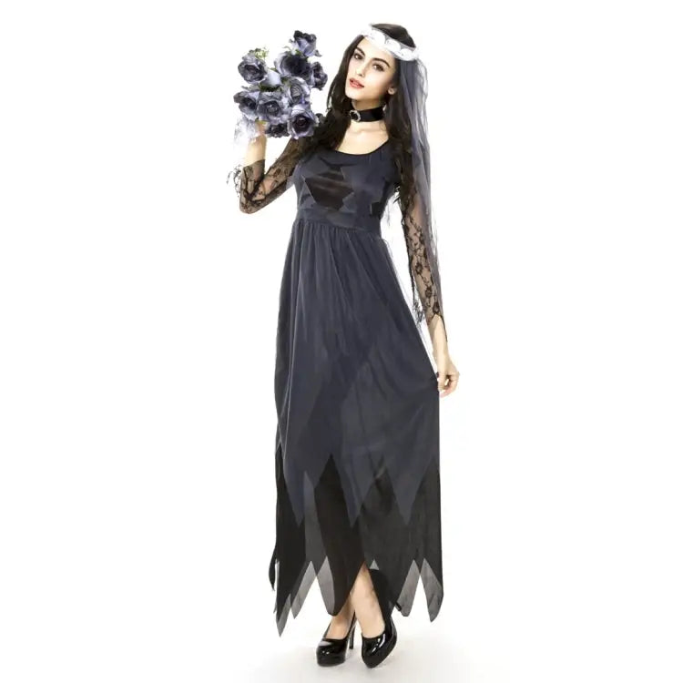 Halloween Costume Women Lace Chiffon Black Dress Ghost Bride Clothes Cosplay Game Uniforms Size: M Bust: 76cm