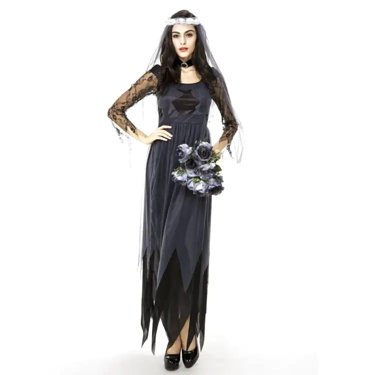 Halloween Costume Women Lace Chiffon Black Dress Ghost Bride Clothes Cosplay Game Uniforms Size: M Bust: 76cm