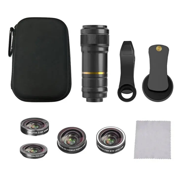 HAUTIK HK-002 5 in 1 180 Degree Fisheye Lens + 0.65X Macro & Wide Lens + 12X Telephoto Lens + Star Line Lens Kits