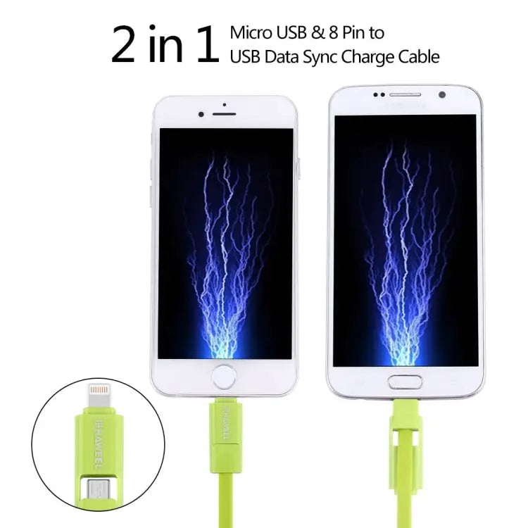 HAWEEL 1m 2 in 1 Micro USB & 8 Pin to USB Data Sync Charge Cable - 2 in 1 Cable in two connectors / Green