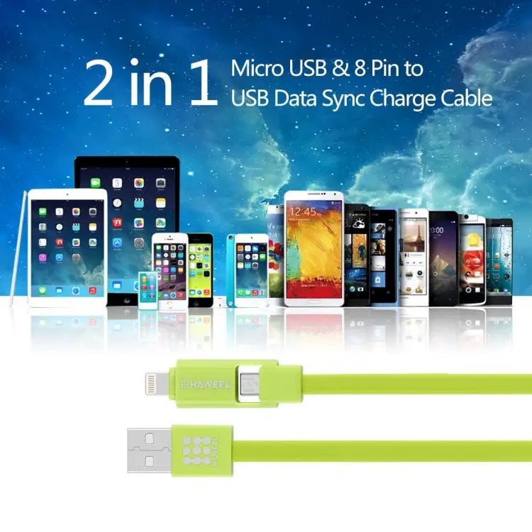 HAWEEL 1m 2 in 1 Micro USB & 8 Pin to USB Data Sync Charge Cable - 2 in 1 Cable in two connectors / Green