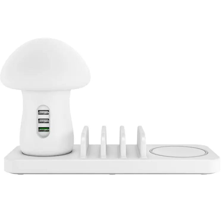 HQ-UD12 Universal 4 in 1 40W QC3.0 3 USB Ports + Wireless Charger Mobile Phone Charging Station with Mushroom Shape LED