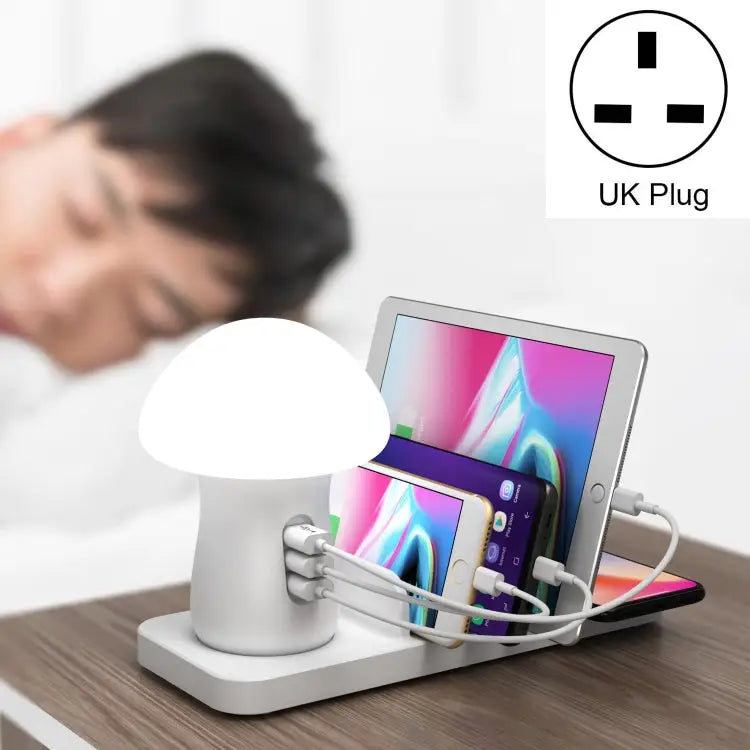 HQ-UD12 Universal 4 in 1 40W QC3.0 3 USB Ports + Wireless Charger Mobile Phone Charging Station with Mushroom Shape LED