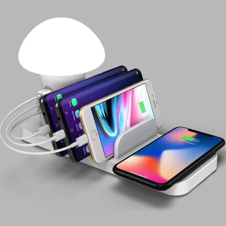 HQ-UD12 Universal 4 in 1 40W QC3.0 3 USB Ports + Wireless Charger Mobile Phone Charging Station with Mushroom Shape LED