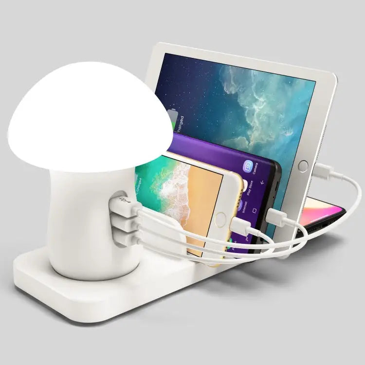 HQ-UD12 Universal 4 in 1 40W QC3.0 3 USB Ports + Wireless Charger Mobile Phone Charging Station with Mushroom Shape LED