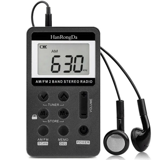 HRD-103 FM + AM Two Band Portable Radio with Lanyard & Headset - Black