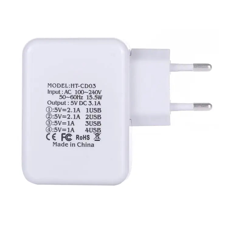 HT-CD03 15.5W 5V 3.1A 4-Port USB Wall Charger Travel Charger EU Plug - HT-CD03