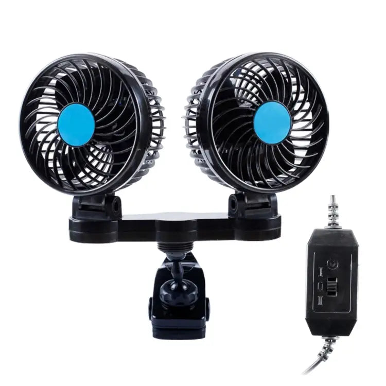 HUXIN HX-T605 7W 360 Degree Adjustable Rotation Clip Two Head Low Noise Mini Electric Car Fan with Gear Switch DC12V