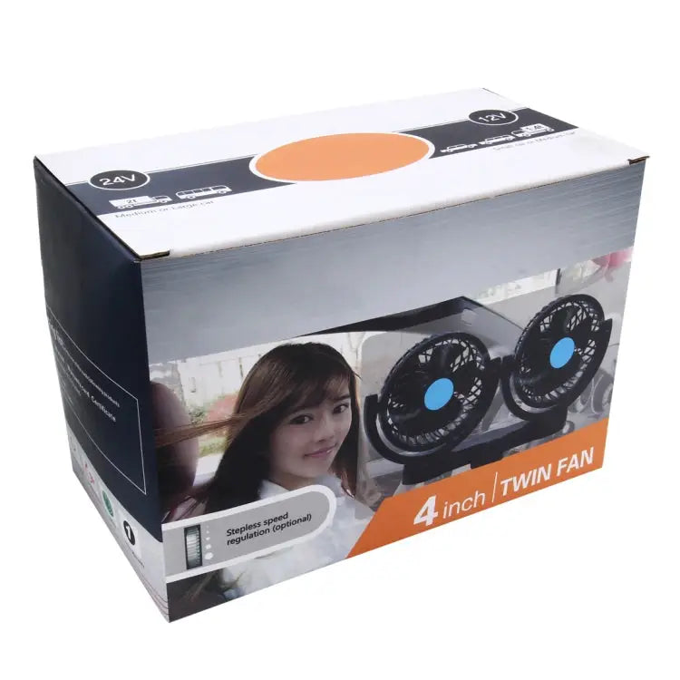 HUXIN HX-T605 7W 360 Degree Adjustable Rotation Clip Two Head Low Noise Mini Electric Car Fan with Gear Switch DC12V