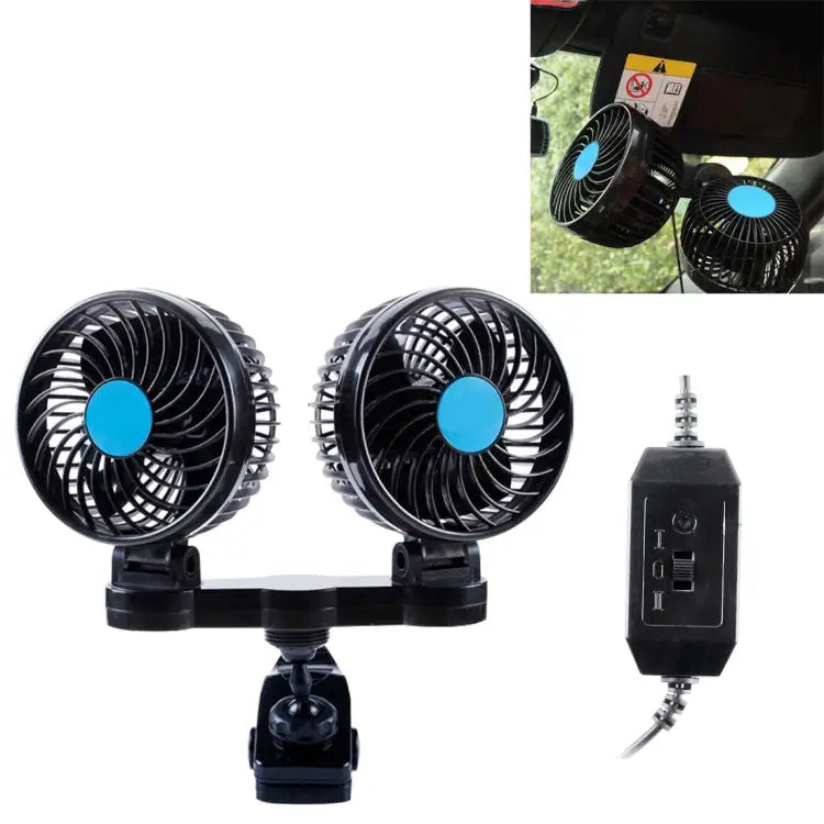 HUXIN HX-T605 7W 360 Degree Adjustable Rotation Clip Two Head Low Noise Mini Electric Car Fan with Gear Switch DC12V