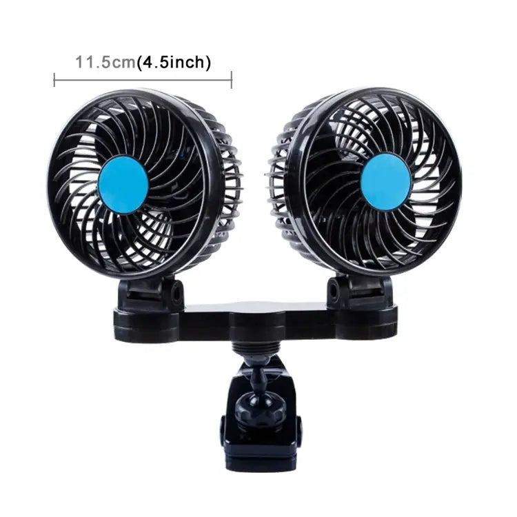 HUXIN HX-T605 7W 360 Degree Adjustable Rotation Clip Two Head Low Noise Mini Electric Car Fan with Gear Switch DC12V