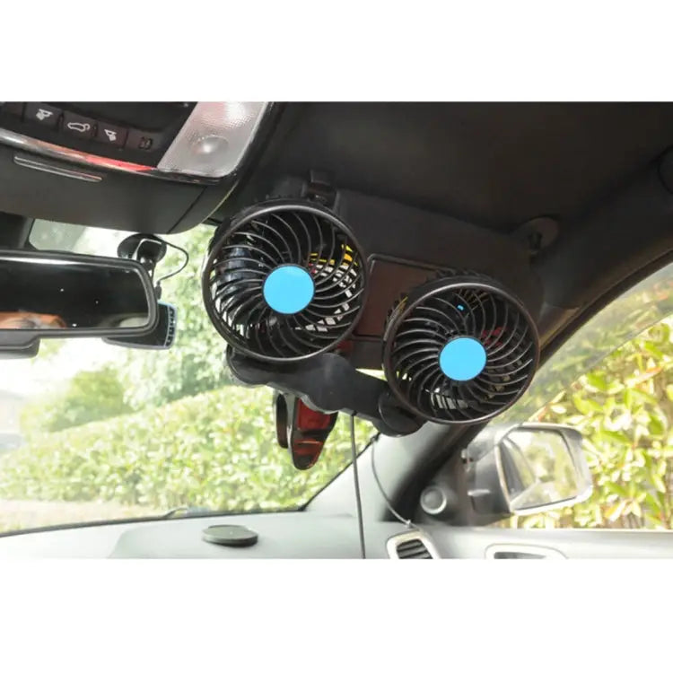 HUXIN HX-T605 7W 360 Degree Adjustable Rotation Clip Two Head Low Noise Mini Electric Car Fan with Gear Switch DC12V