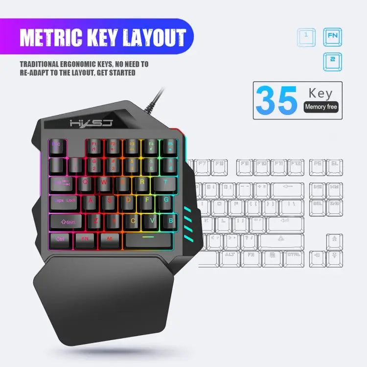 HXSJ V100 Universal One-hand 35-Keys Mechanical Blue Axis Seven-color Backlight Wired Gaming Keyboard Length: 1.6m V100