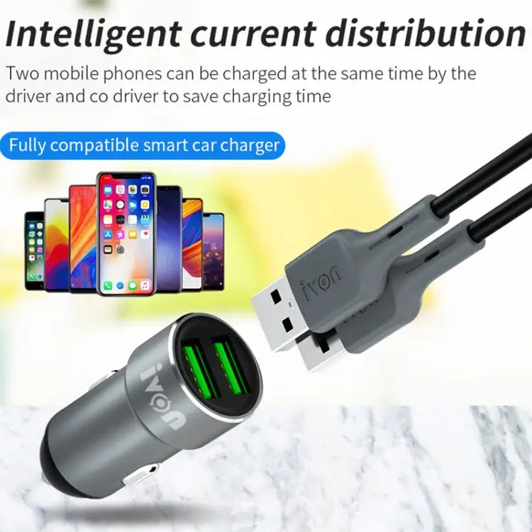 IVON CC38 2.4A Dual USB Car Charger + 1m USB to 8 Pin Fast Charge Data Cable Set 8 Pin - 8 Pin