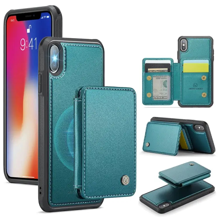 JEEHOOD J05 Business Magnetic Style RFID Leather Phone Case - For iPhone X / XS / Blue Green - Apple Accessories