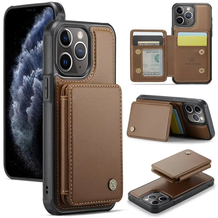 JEEHOOD J05 Business Magnetic Style RFID Leather Phone Case - For iPhone 11 Pro / Brown - Apple Accessories