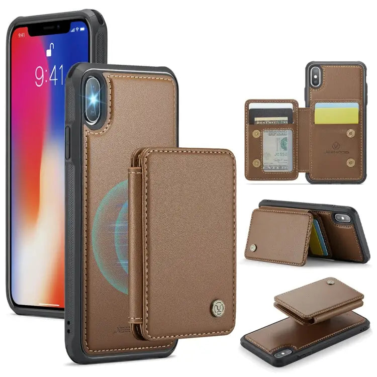 JEEHOOD J05 Business Magnetic Style RFID Leather Phone Case - For iPhone X / XS / Brown - Apple Accessories