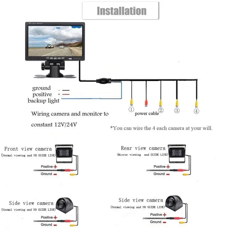 K0164 7 inch HD Car 18 IR Night Vision Rear View Backup Four Cameras Rearview Monitor - K0164