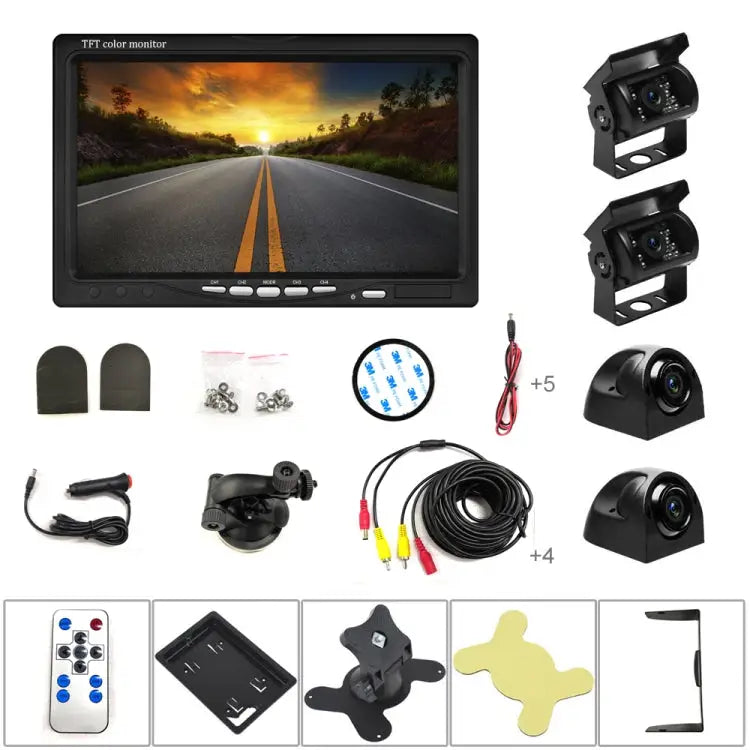 K0164 7 inch HD Car 18 IR Night Vision Rear View Backup Four Cameras Rearview Monitor - K0164