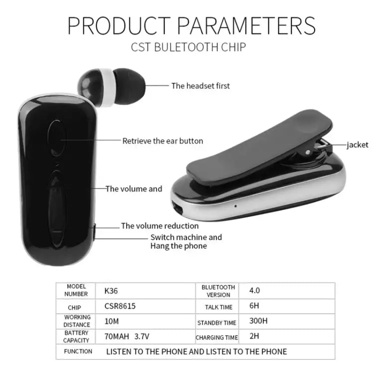 K36 Stereo Wireless Bluetooth Headset Calls Remind Vibration Wear Clip Driver Auriculares Earphone - Apple Accessories