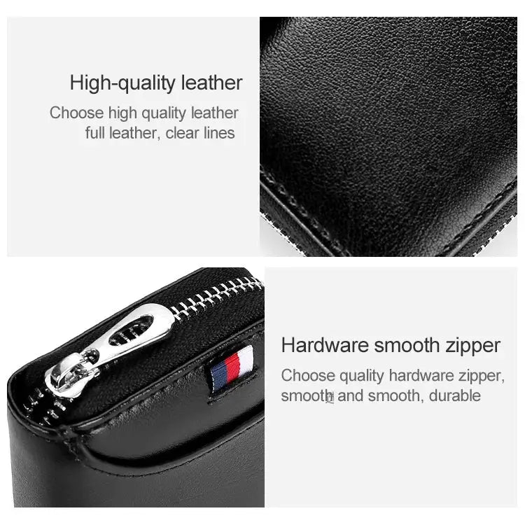 KB155 Antimagnetic RFID Zipper Leather Large-capacity Cards Holder Wallet - Black