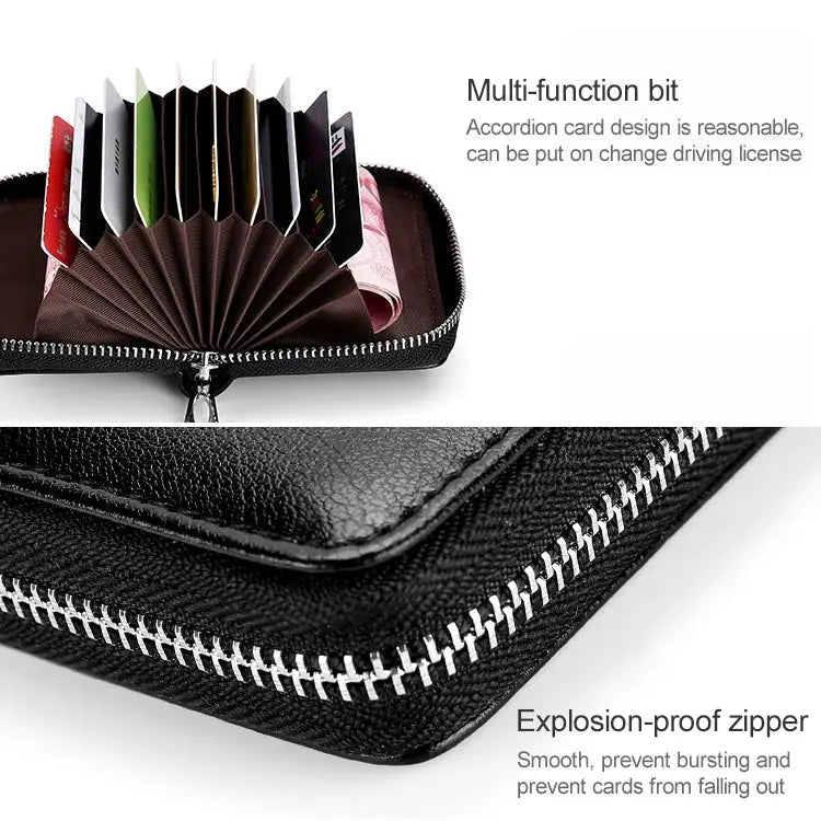 KB155 Antimagnetic RFID Zipper Leather Large-capacity Cards Holder Wallet - Black