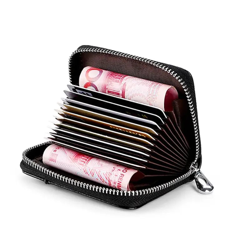 KB155 Antimagnetic RFID Zipper Leather Large-capacity Cards Holder Wallet - Black