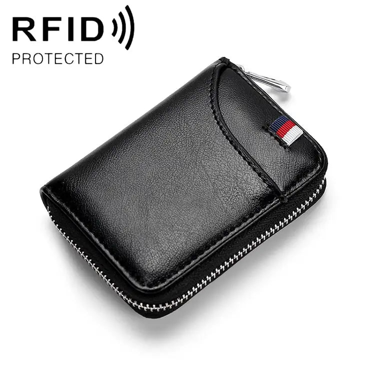 KB155 Antimagnetic RFID Zipper Leather Large-capacity Cards Holder Wallet - Black
