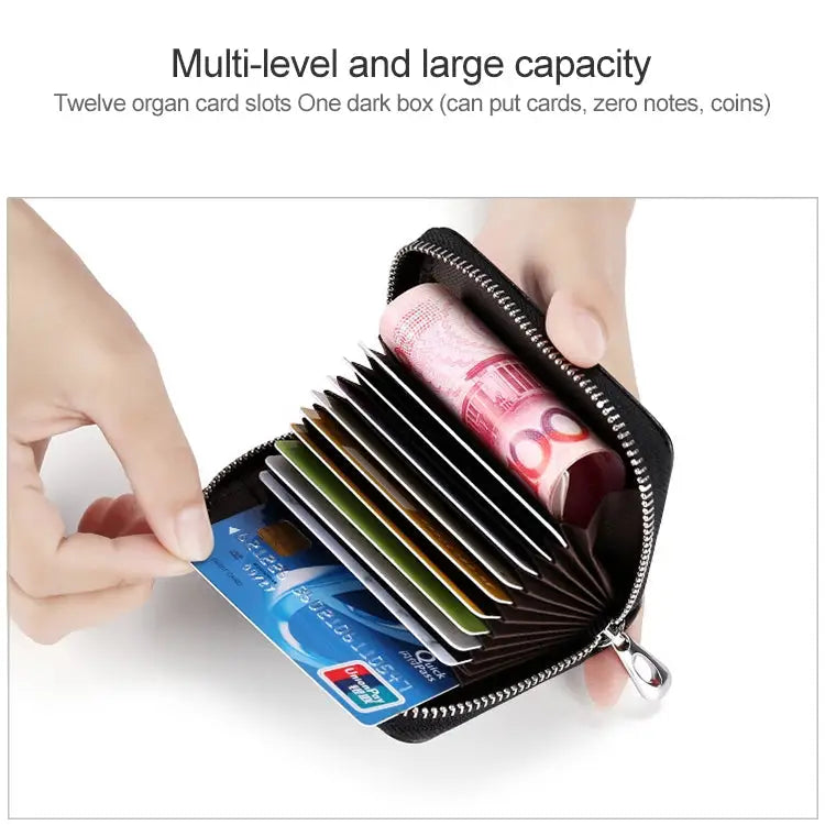 KB155 Antimagnetic RFID Zipper Leather Large-capacity Cards Holder Wallet - Black