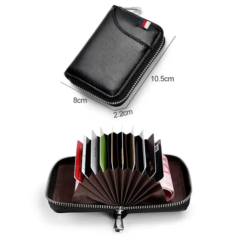 KB155 Antimagnetic RFID Zipper Leather Large-capacity Cards Holder Wallet - Black