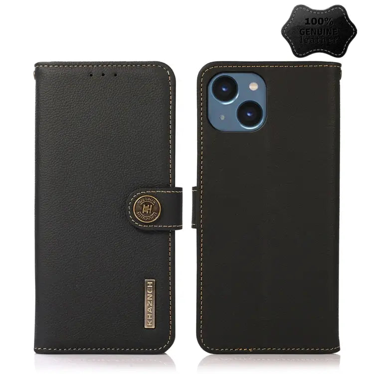 KHAZNEH Custer Genuine Leather RFID Phone Case - For iPhone 14 / Black - Apple Accessories