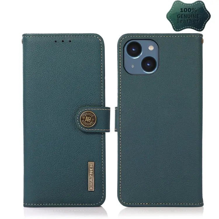 KHAZNEH Custer Genuine Leather RFID Phone Case - For iPhone 14 / Green - Apple Accessories