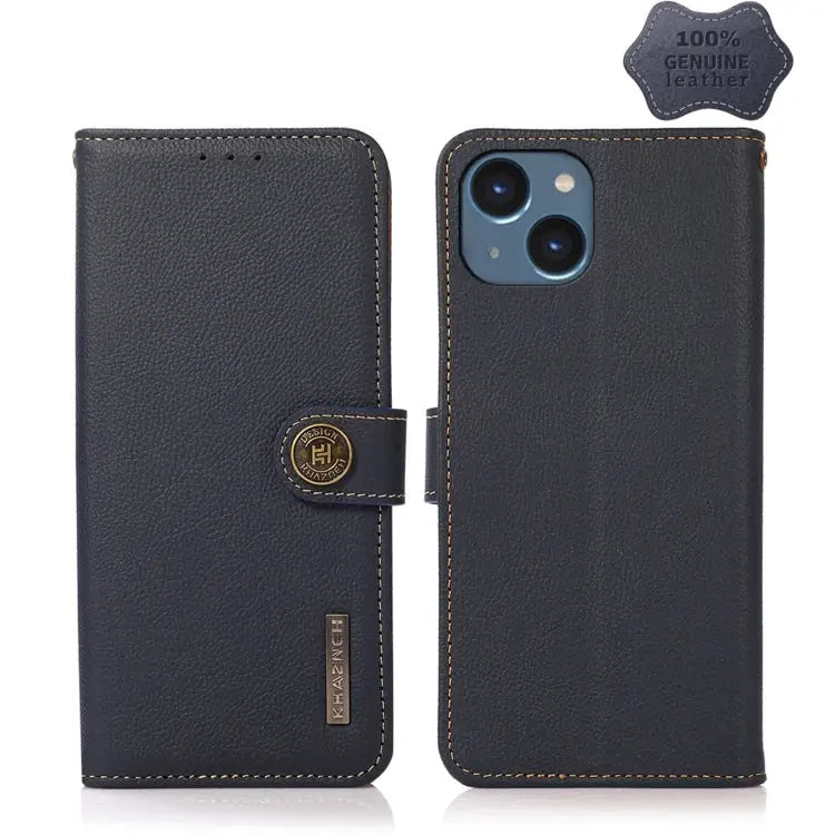 KHAZNEH Custer Genuine Leather RFID Phone Case - For iPhone 14 Plus / Blue - Apple Accessories