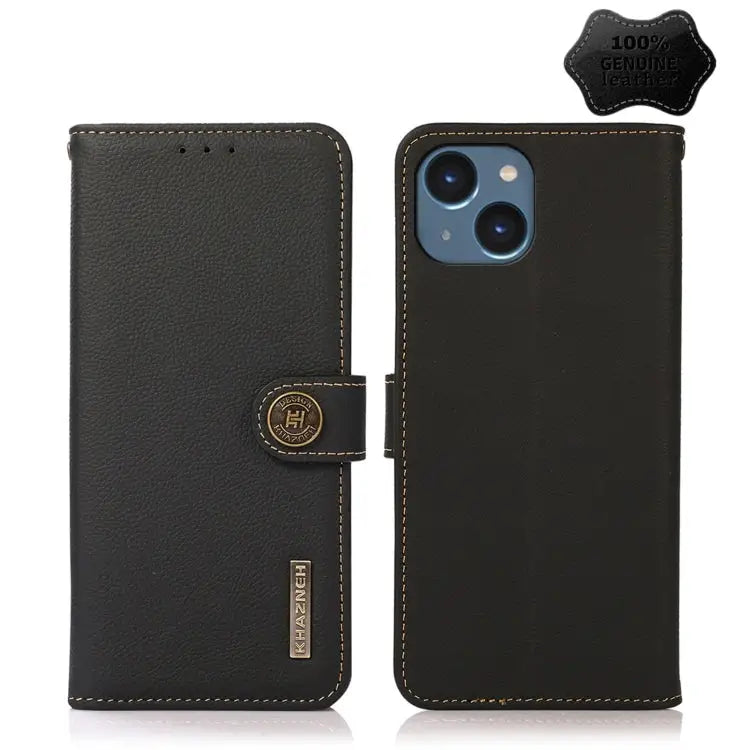KHAZNEH Custer Genuine Leather RFID Phone Case - For iPhone 14 Plus / Black - Apple Accessories