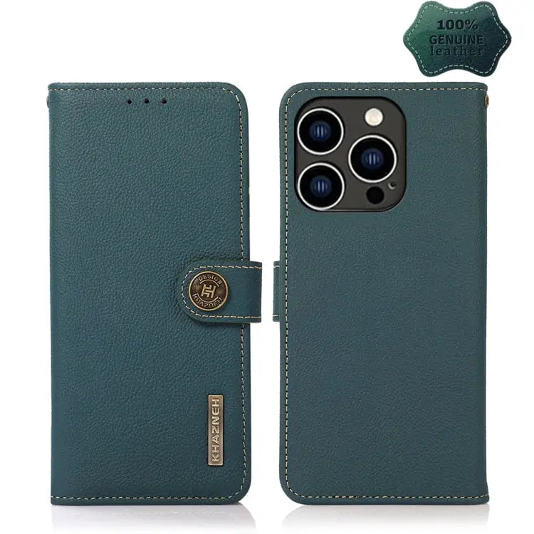 KHAZNEH Custer Genuine Leather RFID Phone Case - For iPhone 14 Pro / Green - Apple Accessories