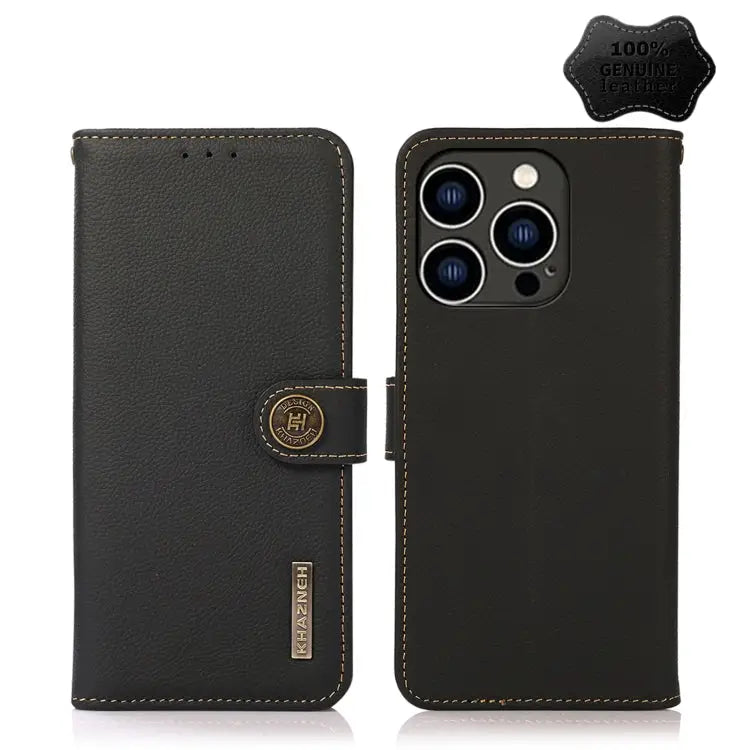 KHAZNEH Custer Genuine Leather RFID Phone Case - For iPhone 14 Pro / Black - Apple Accessories