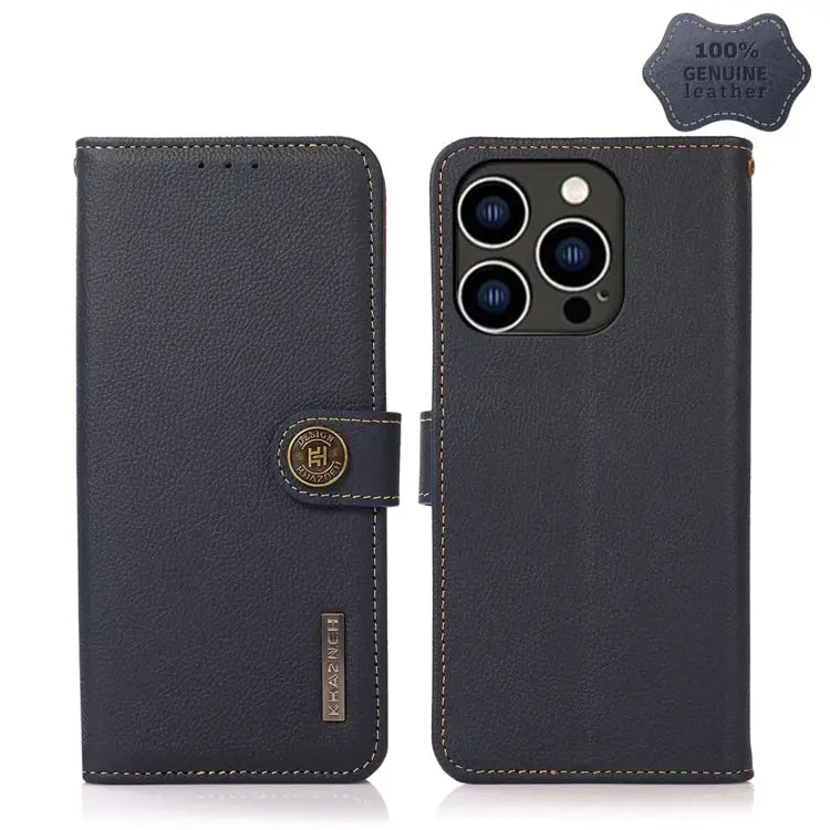 KHAZNEH Custer Genuine Leather RFID Phone Case - For iPhone 14 Pro / Blue - Apple Accessories