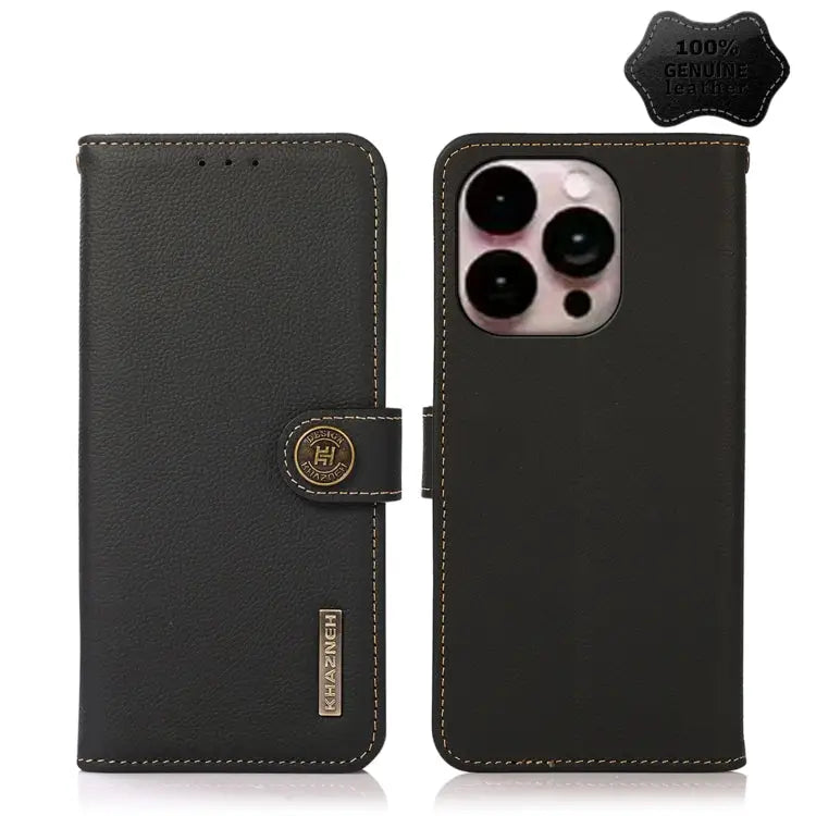 KHAZNEH Custer Genuine Leather RFID Phone Case - For iPhone 14 Pro Max / Black - Apple Accessories