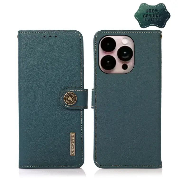 KHAZNEH Custer Genuine Leather RFID Phone Case - For iPhone 14 Pro Max / Green - Apple Accessories