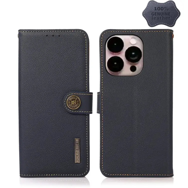 KHAZNEH Custer Genuine Leather RFID Phone Case - For iPhone 14 Pro Max / Blue - Apple Accessories