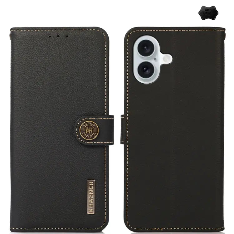 KHAZNEH Custer Genuine Leather RFID Phone Case For iPhone 16 - For iPhone 16 / Black - Apple Accessories